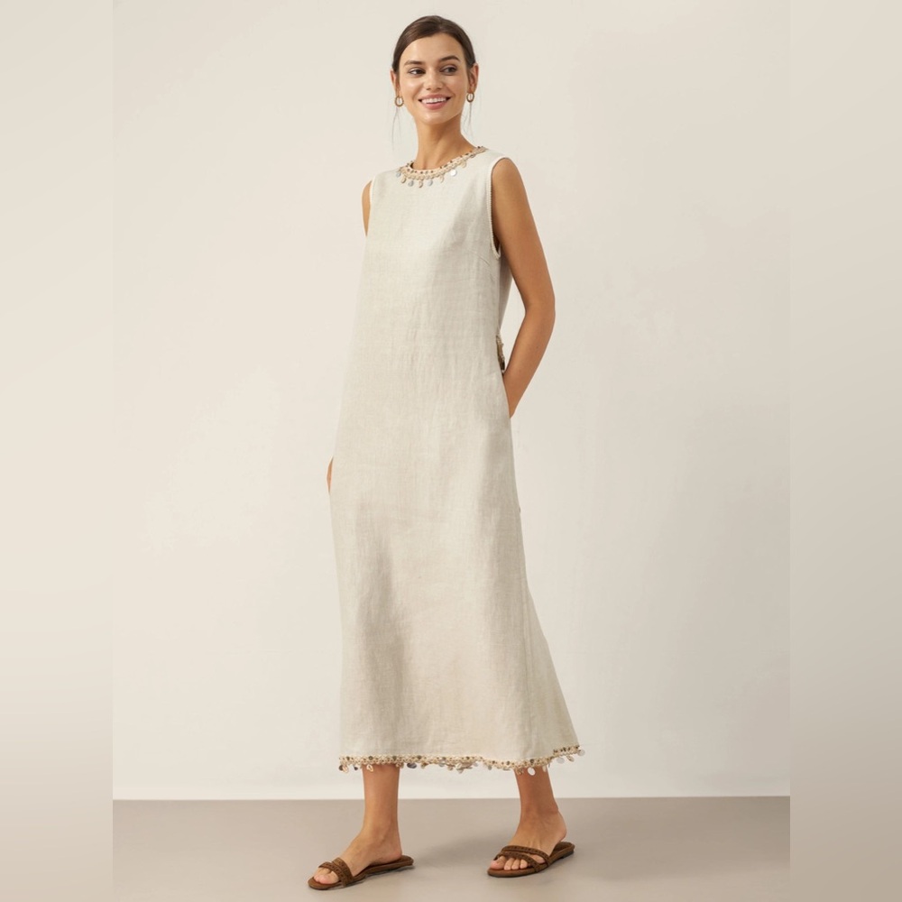 Lintico Bella 100% linen beaded crew neck midi dress size M